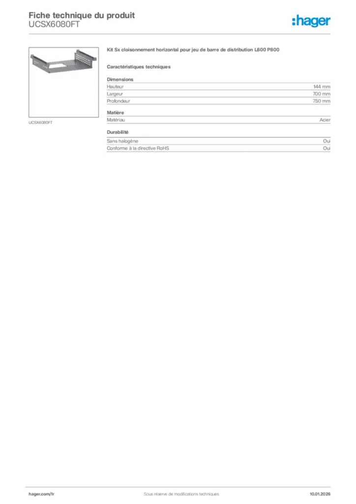 Image Hager Fiche technique du produit UCSX6080FT | Hager France