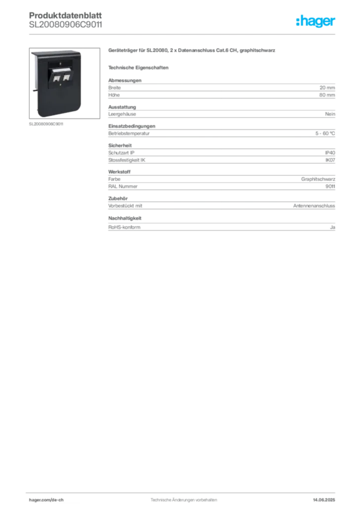 Bild Hager Produktdatenblatt SL20080906C9011 | Hager Schweiz