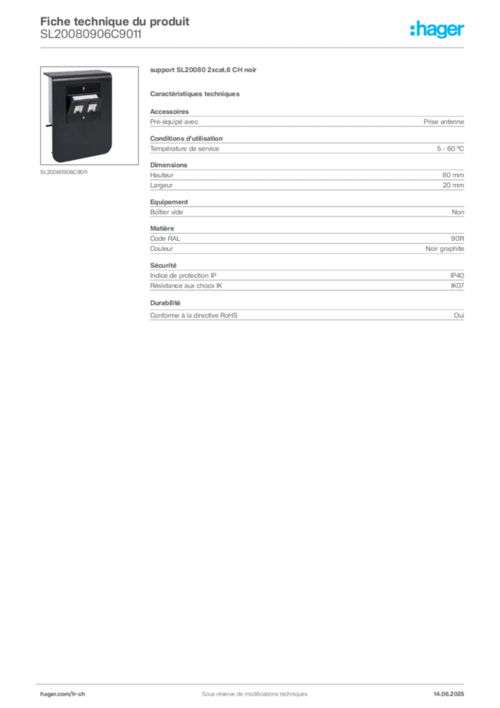 Image Hager Fiche technique du produit SL20080906C9011 | Hager Suisse