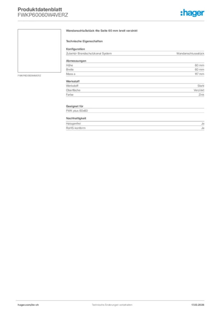 Bild Hager Produktdatenblatt FWKP60060W4VERZ | Hager Schweiz