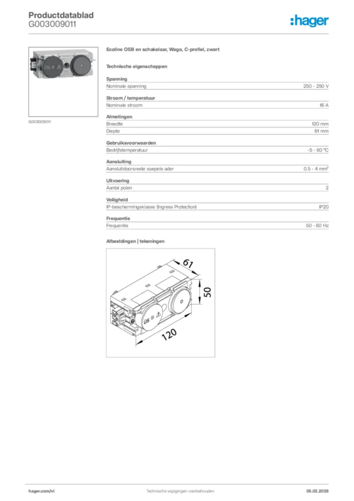 Afbeelding Hager Productdatablad G003009011 | Hager Nederland