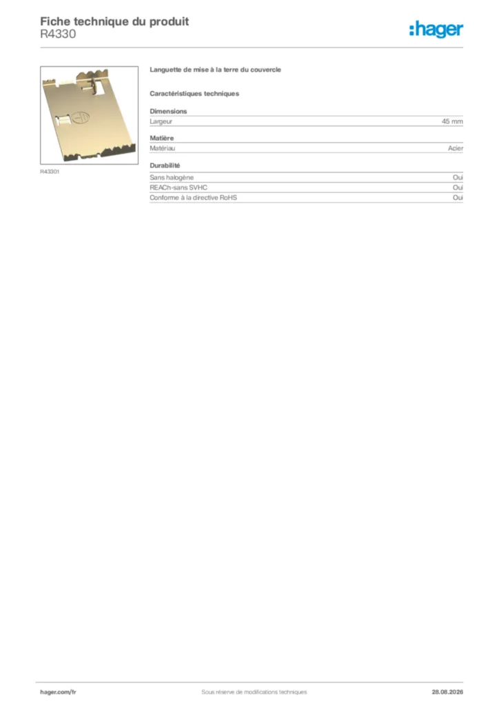 Image Hager Fiche technique du produit R4330 | Hager France
