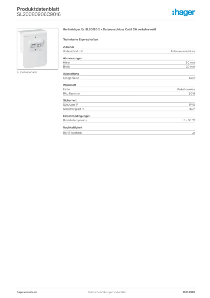 Bild Hager Produktdatenblatt SL20080906C9016 | Hager Schweiz