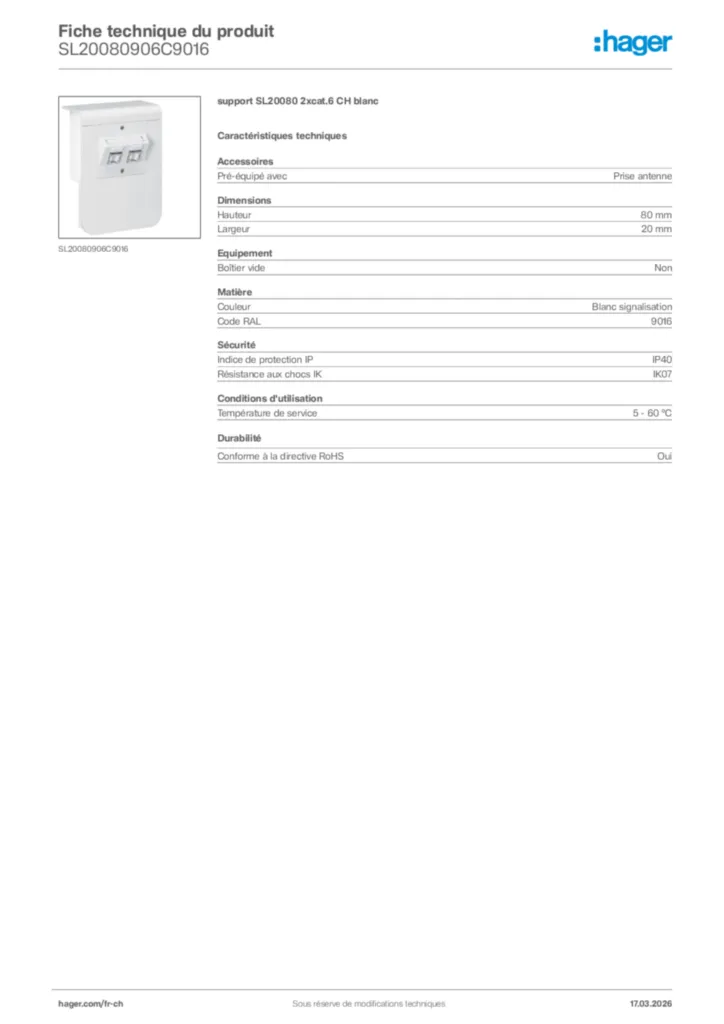 Image Hager Fiche technique du produit SL20080906C9016 | Hager Suisse