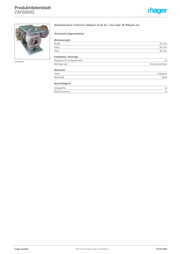 Bild Hager Produktdatenblatt ZAY69993 | Hager Deutschland