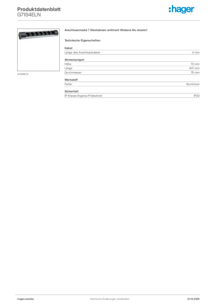 Bild Hager Produktdatenblatt G7184ELN | Hager Deutschland