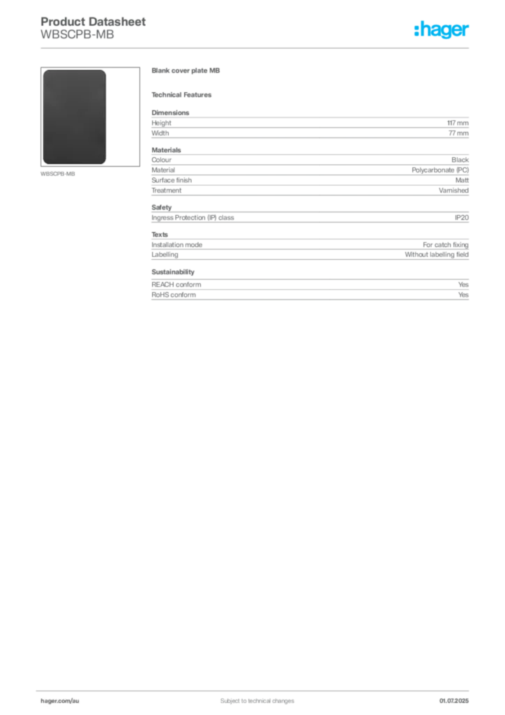Image Hager Product data sheet WBSCPB-MB  | Hager Australia