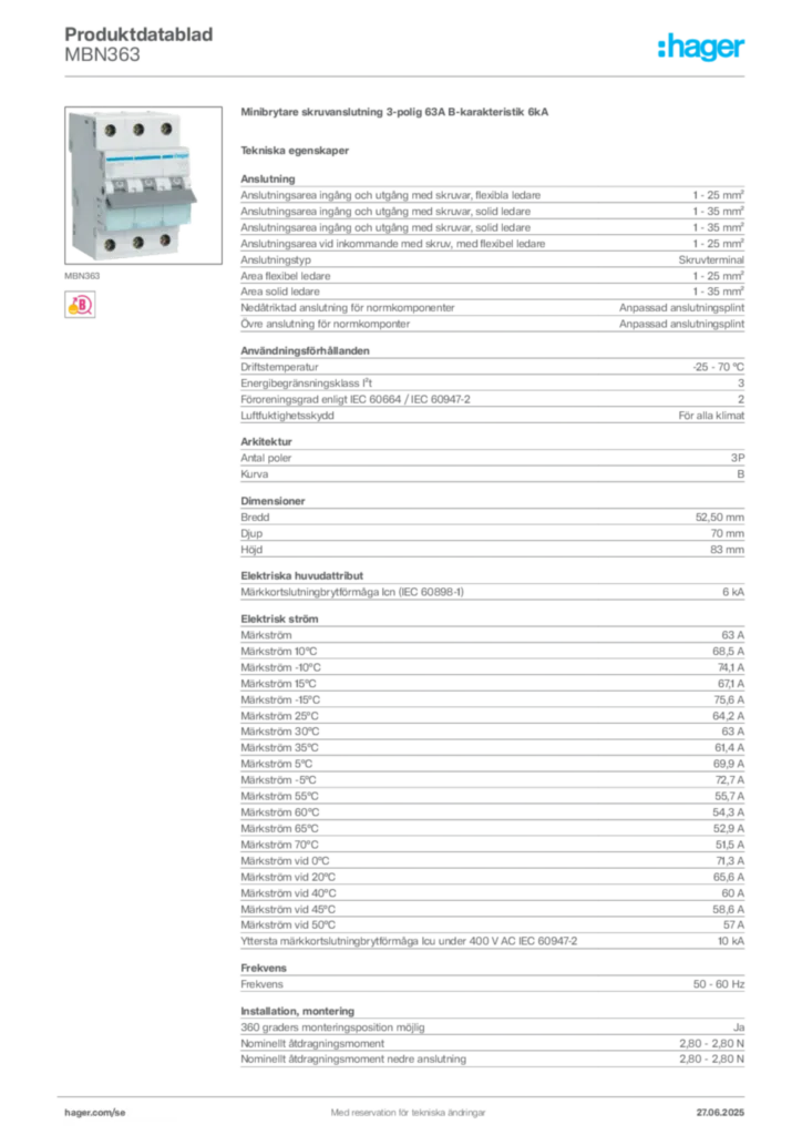 Bild Hager Produktdatablad MBN363 | Hager Sverige