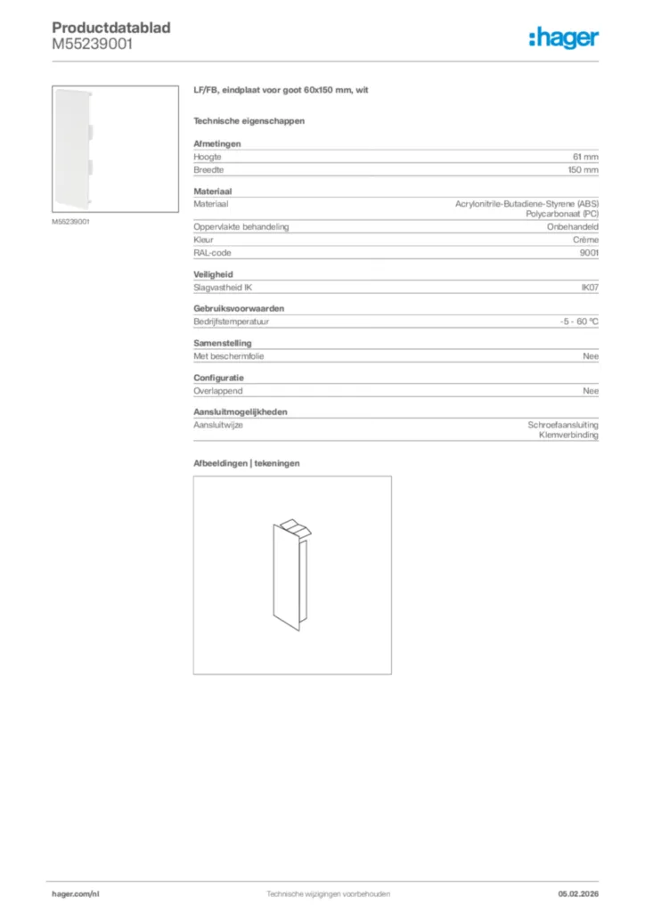 Afbeelding Hager Productdatablad M55239001 | Hager Nederland