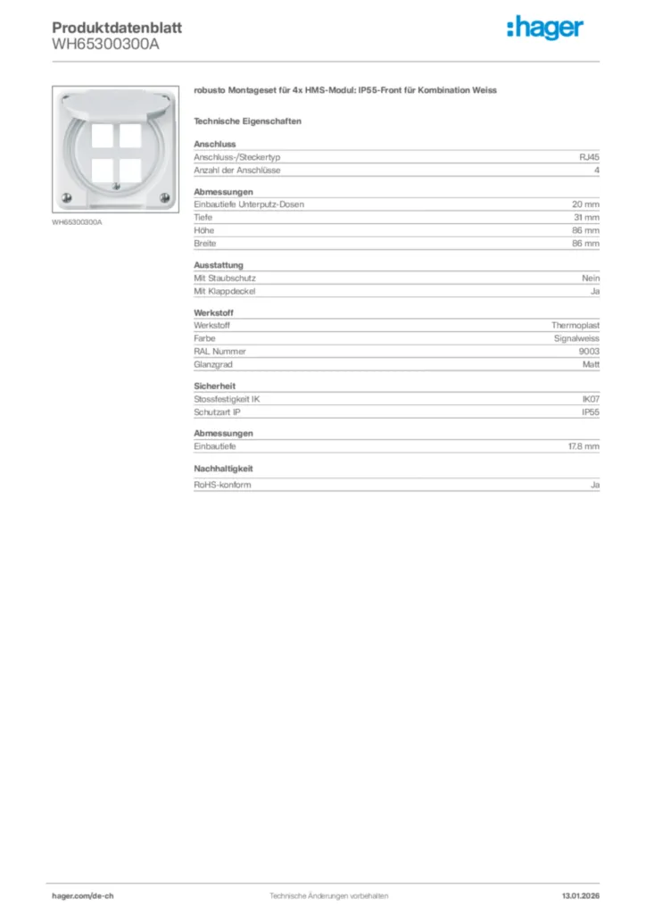 Bild Hager Produktdatenblatt WH65300300A | Hager Schweiz
