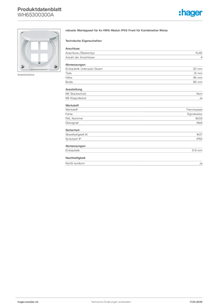 Bild Hager Produktdatenblatt WH65300300A | Hager Schweiz