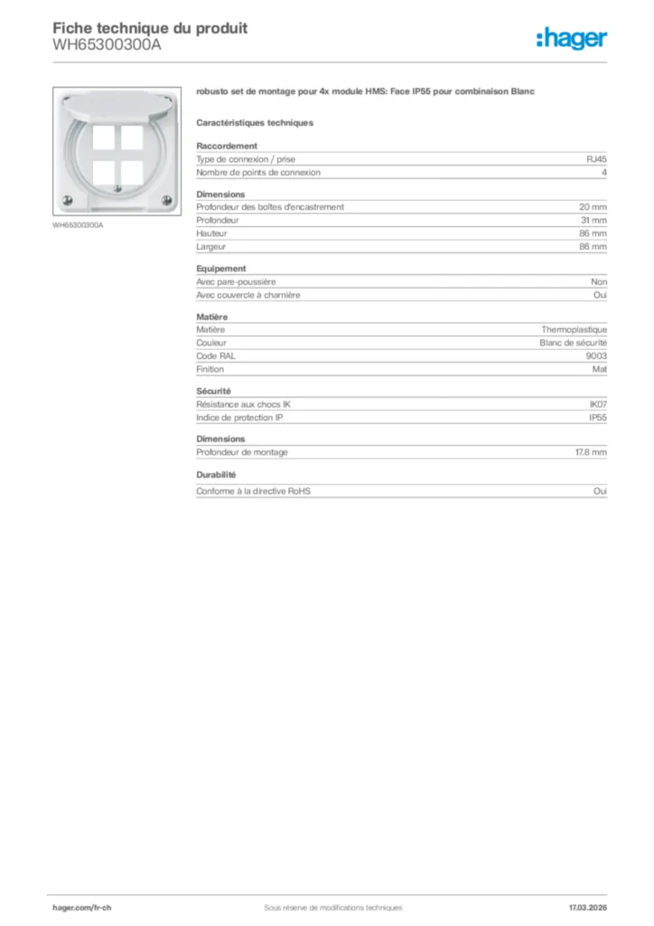 Image Hager Fiche technique du produit WH65300300A | Hager Suisse