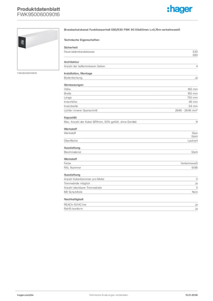 Hager Produktdatenblatt FWK95006009016