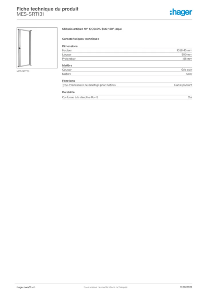 Image Hager Fiche technique du produit MES-SRT131 | Hager Suisse