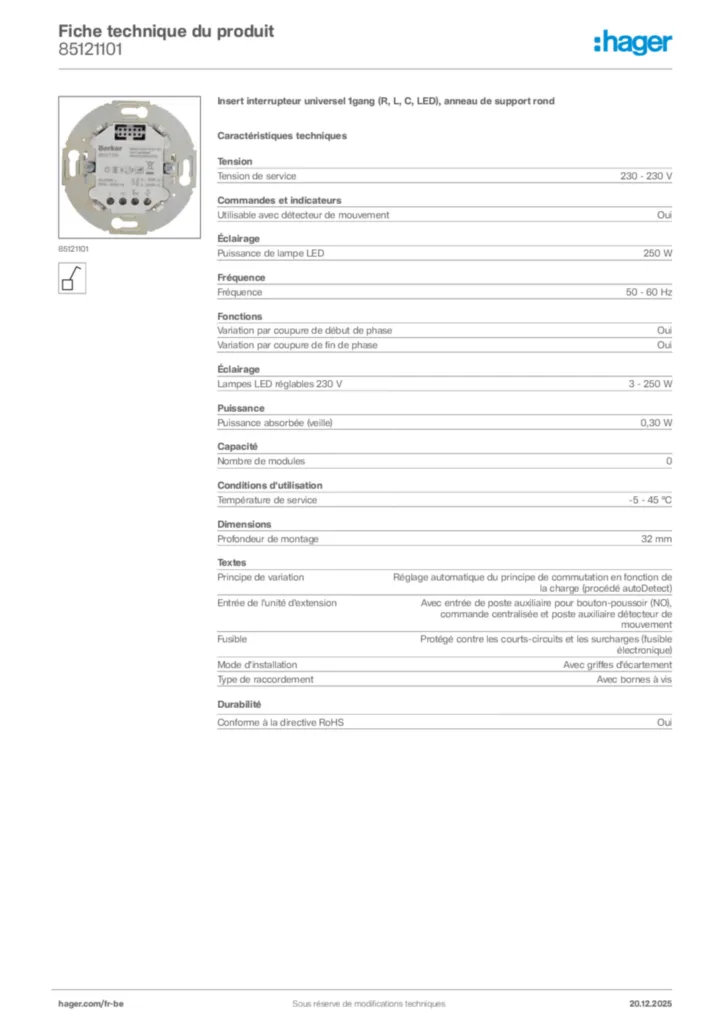 Image Hager Fiche technique du produit 85121101 | Hager Belgique