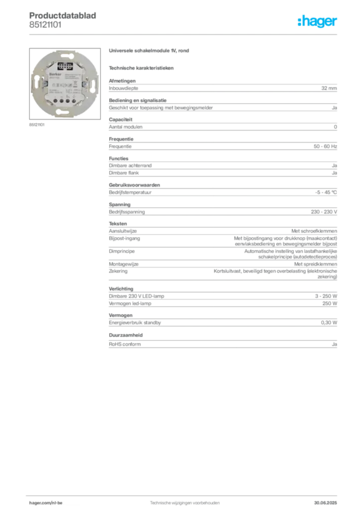 Afbeelding Hager Productdatablad 85121101 | Hager Belgium