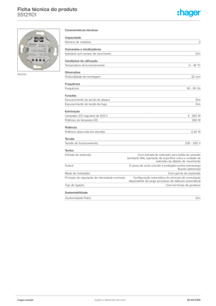Imagem Hager Ficha técnica do produto 85121101 | Hager Portugal