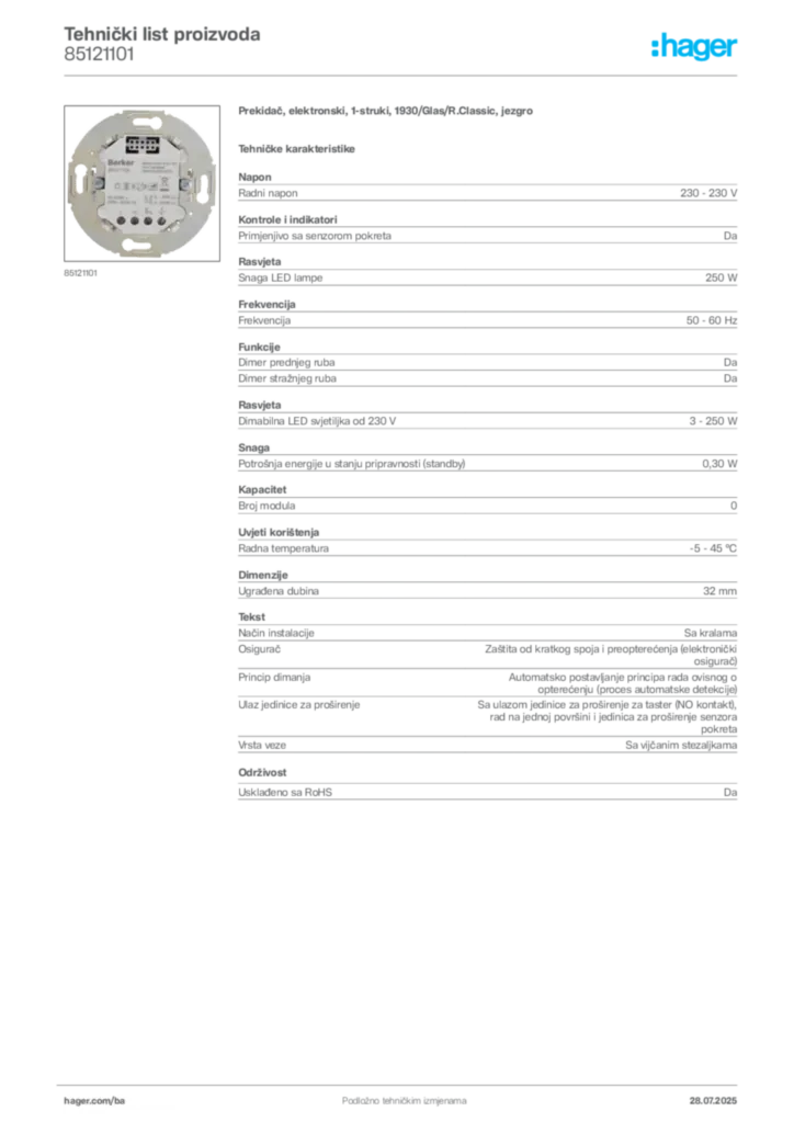 Slika Hager Product data sheet 85121101  | Hager