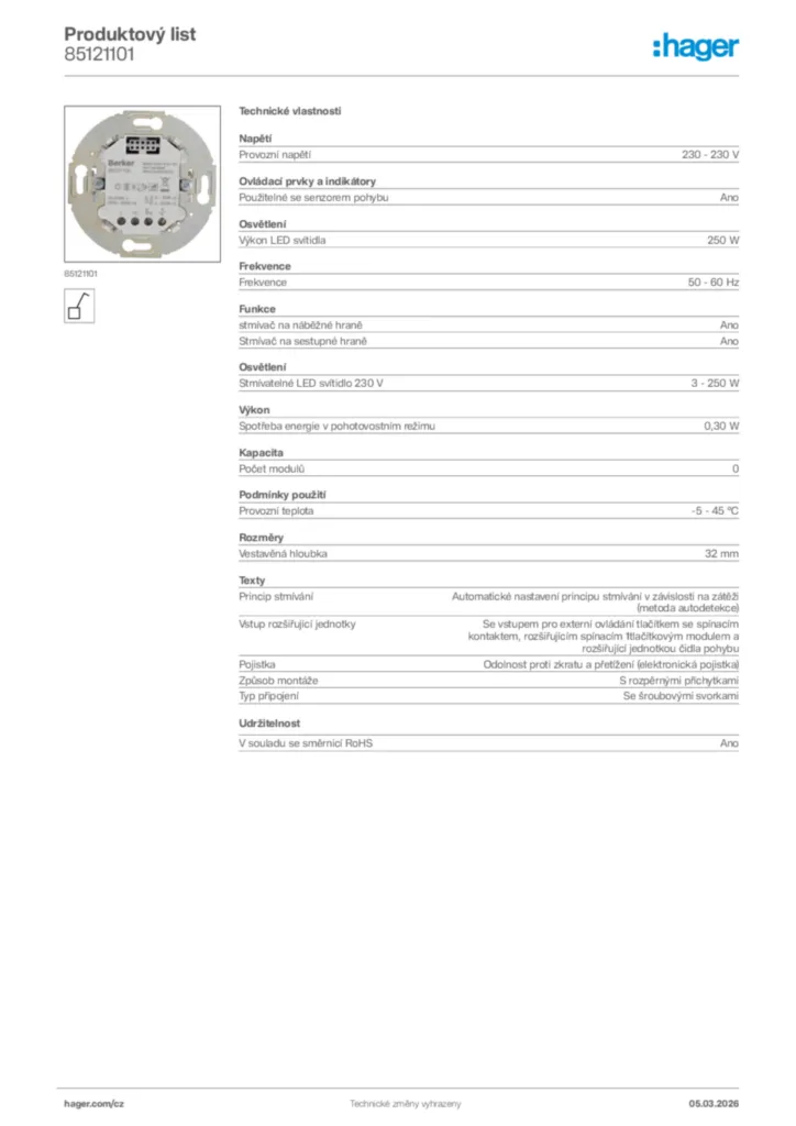 Obrázek Hager Product data sheet 85121101 | Hager