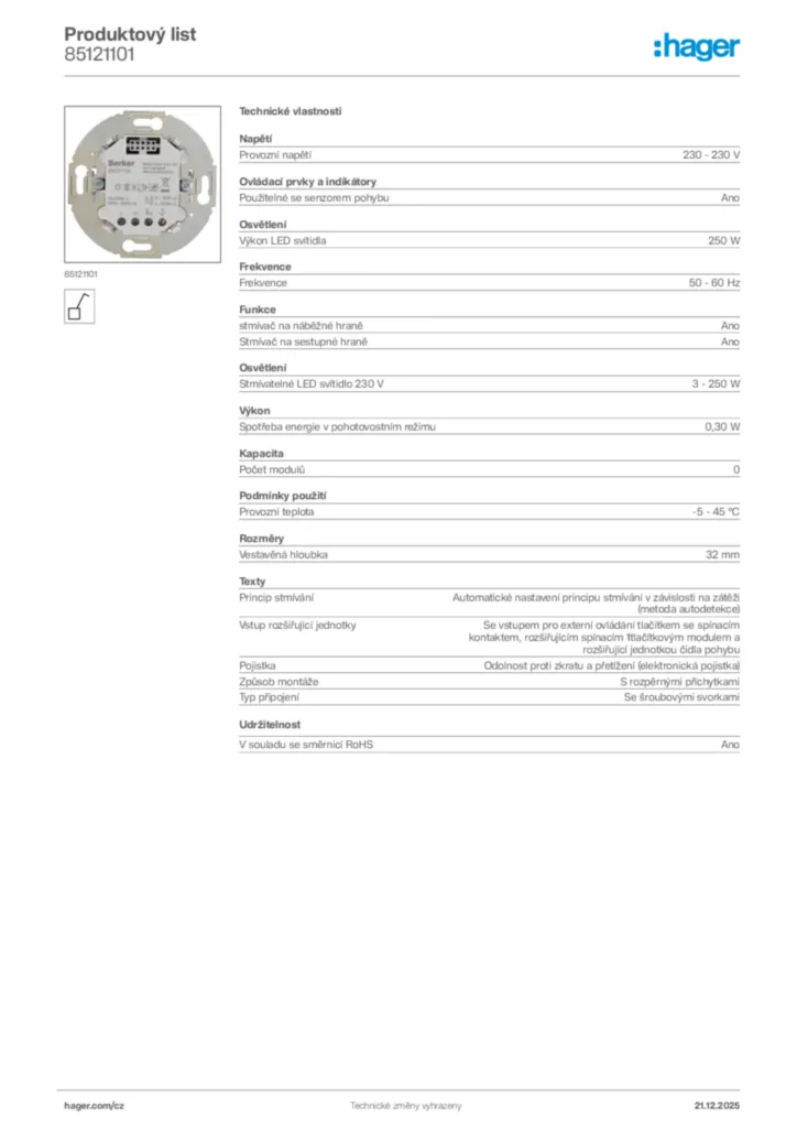 Obrázek Hager Product data sheet 85121101 | Hager
