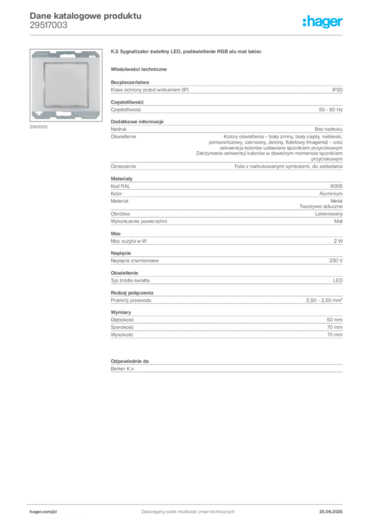 Zdjęcie Hager Dane katalogowe produktu 29517003 | Hager Polska