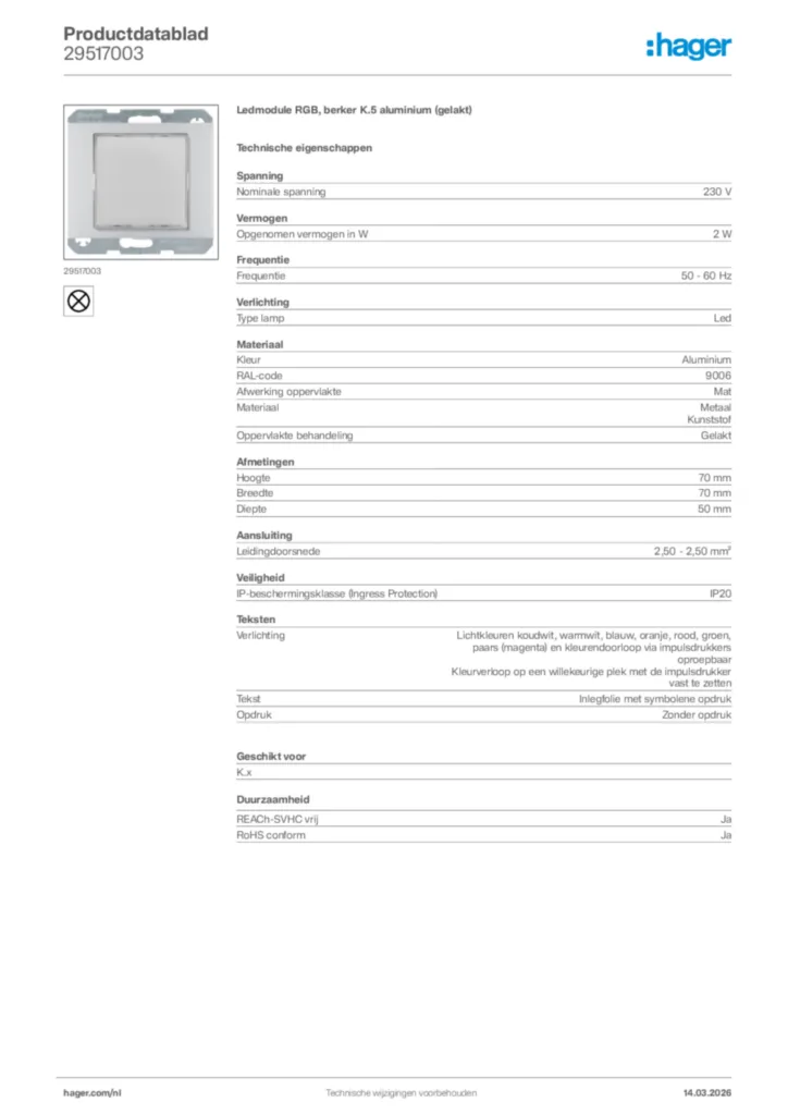 Afbeelding Hager Productdatablad 29517003 | Hager Nederland