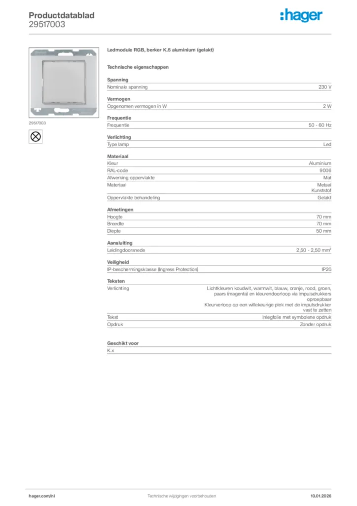 Afbeelding Hager Productdatablad 29517003 | Hager Nederland