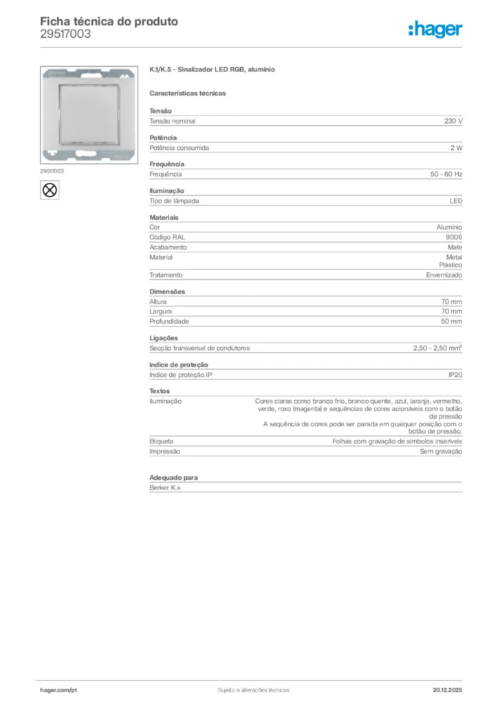 Imagem Hager Ficha técnica do produto 29517003 | Hager Portugal