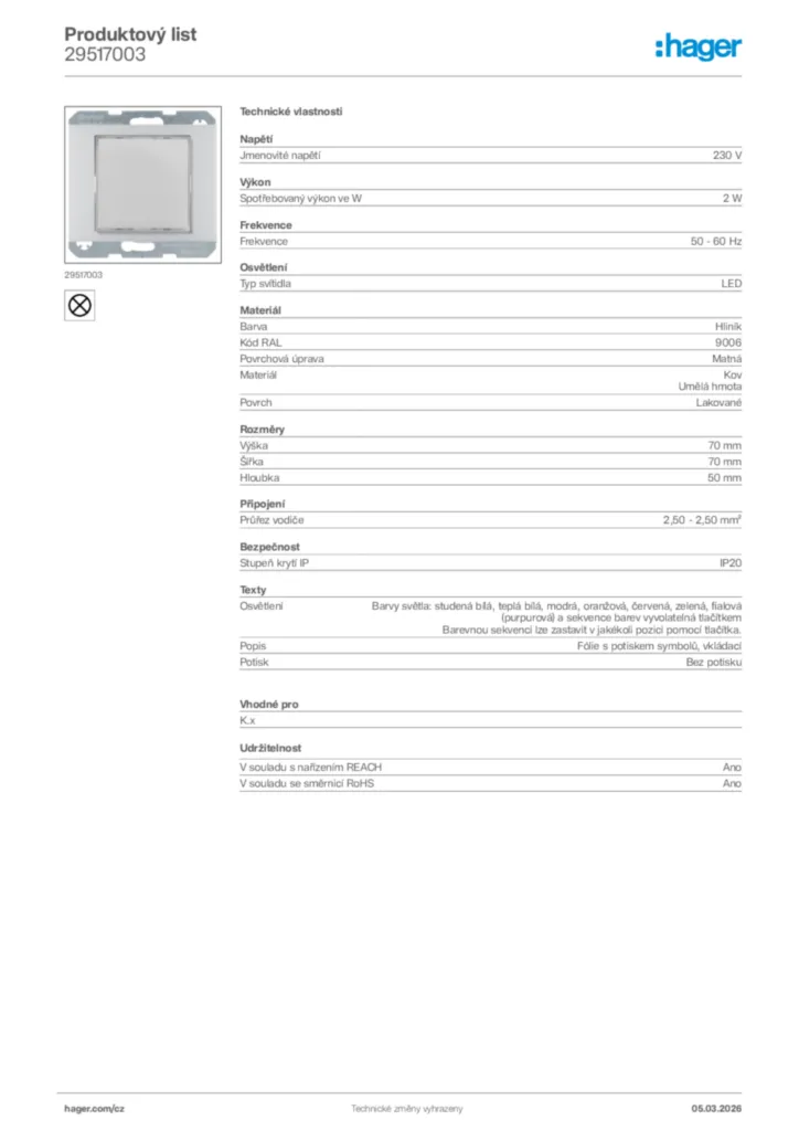 Obrázek Hager Product data sheet 29517003 | Hager