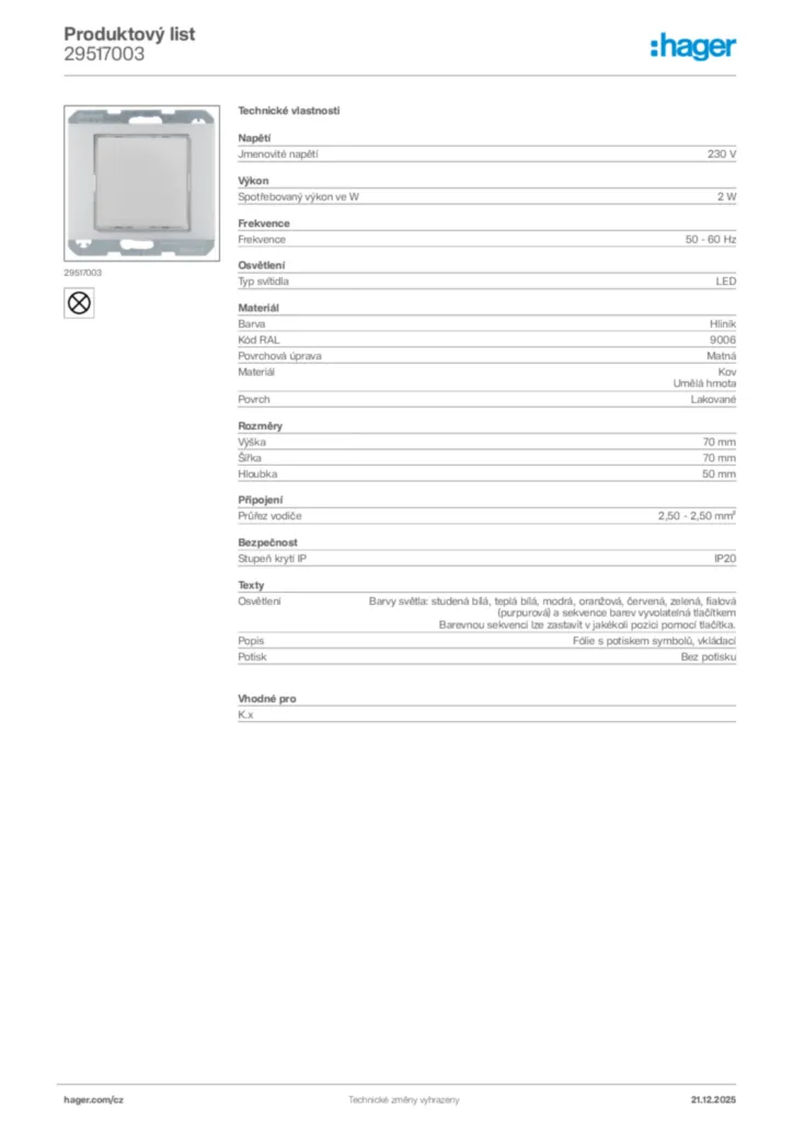 Obrázek Hager Produktový list 29517003 | Hager
