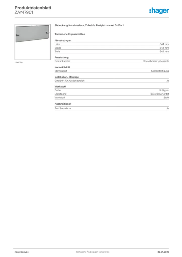 Bild Hager Produktdatenblatt ZAY47901 | Hager Deutschland