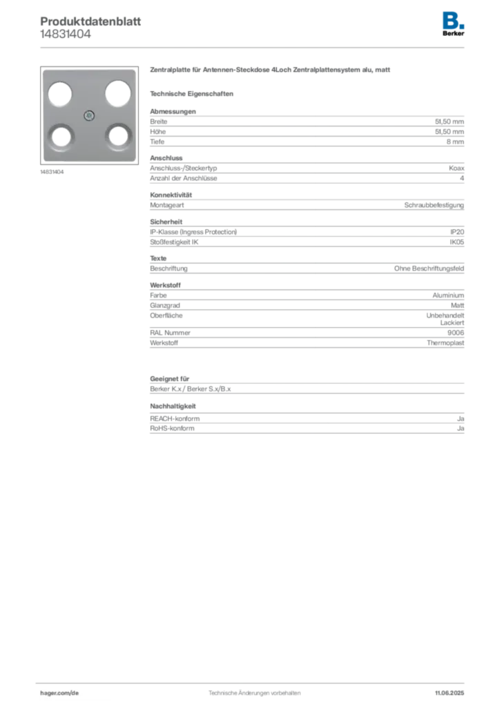 Bild Berker Produktdatenblatt 14831404 | Hager Deutschland