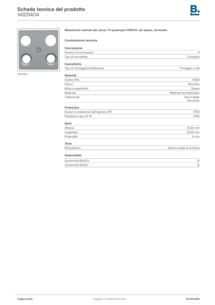 Immagine Berker Scheda tecnica del prodotto 14831404 | Hager Italia