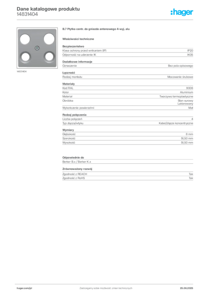 Zdjęcie Hager Dane katalogowe produktu 14831404 | Hager Polska