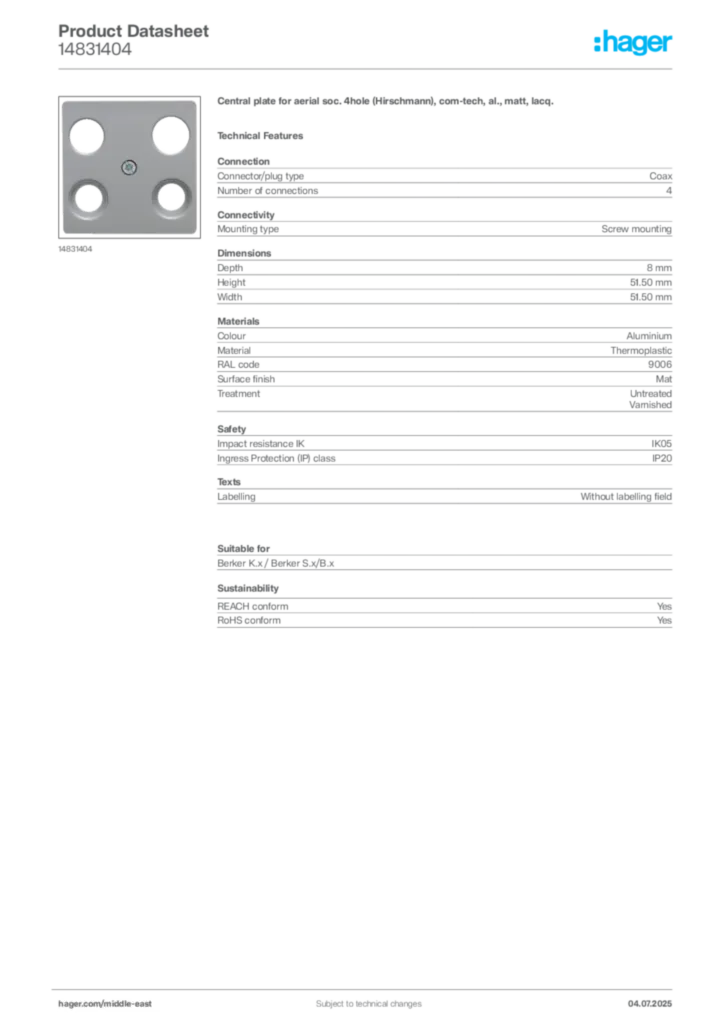 Image Hager Product data sheet 14831404  | Hager