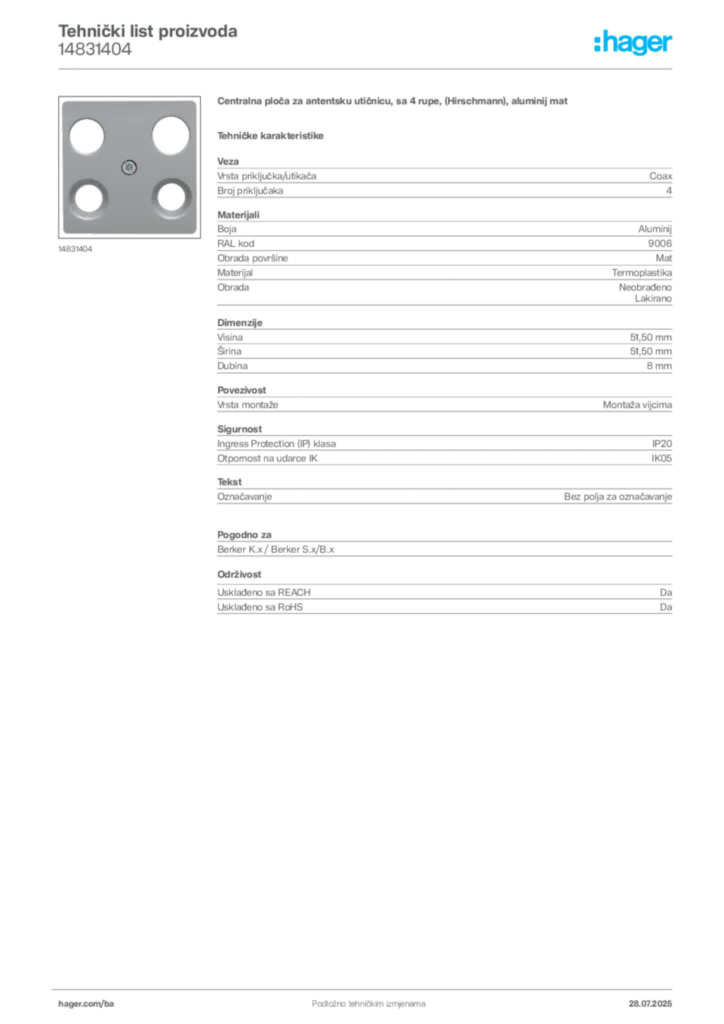 Slika Hager Product data sheet 14831404  | Hager