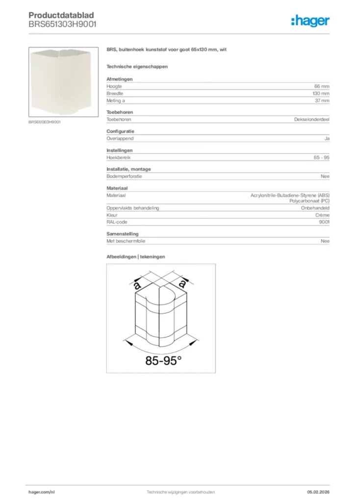 Afbeelding Hager Productdatablad BRS651303H9001 | Hager Nederland
