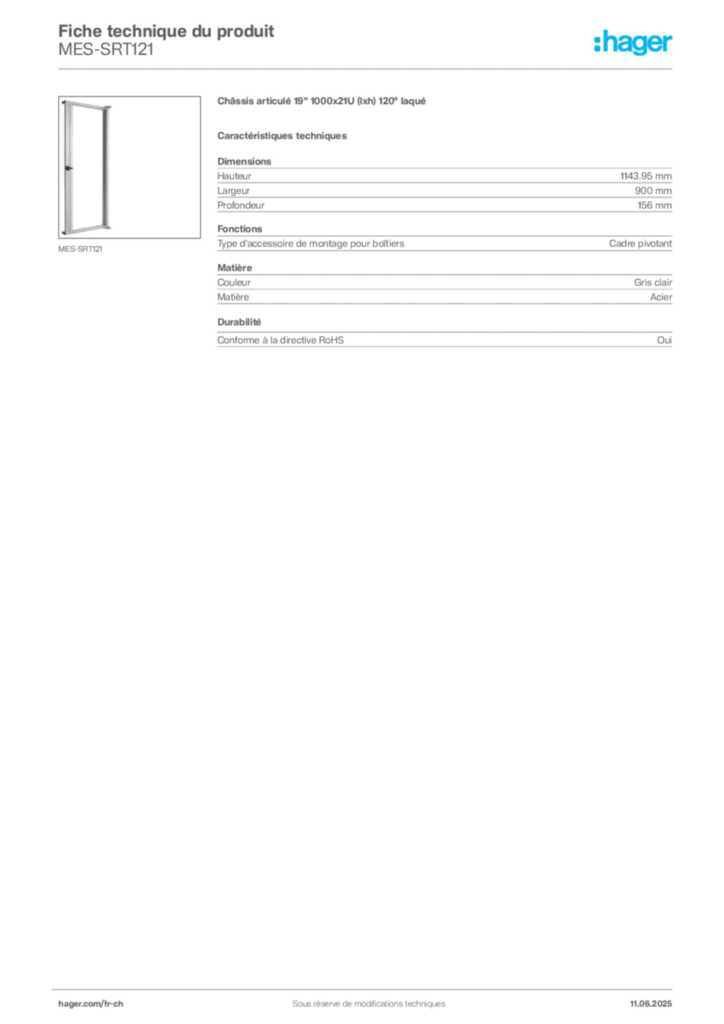 Image Hager Fiche technique du produit MES-SRT121 | Hager Suisse