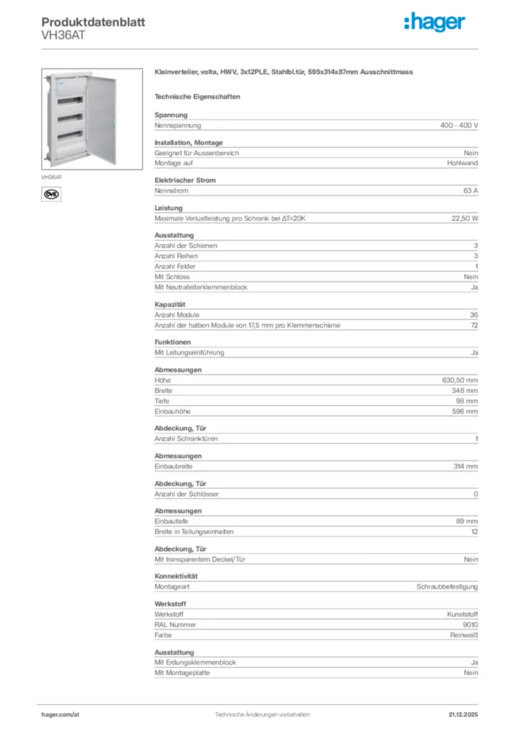 Bild Hager Produktdatenblatt VH36AT | Hager Deutschland