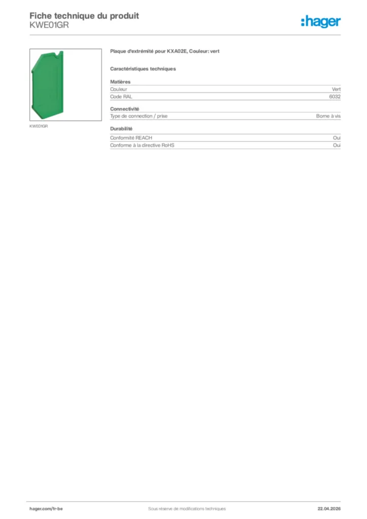 Image Hager Fiche technique du produit KWE01GR | Hager Belgique