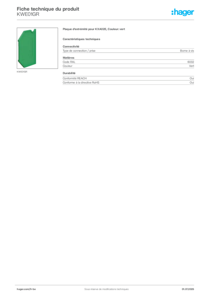 Image Hager Fiche technique du produit KWE01GR | Hager Belgique