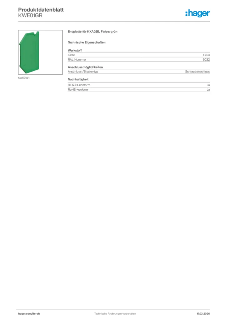 Bild Hager Produktdatenblatt KWE01GR | Hager Schweiz