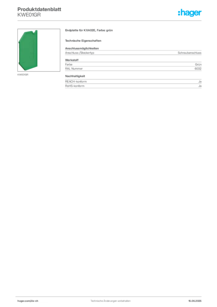 Bild Hager Produktdatenblatt KWE01GR | Hager Schweiz