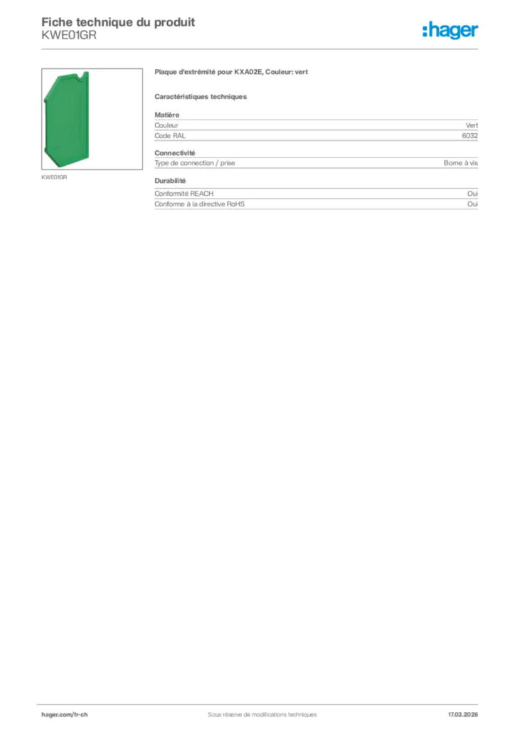 Image Hager Fiche technique du produit KWE01GR | Hager Suisse