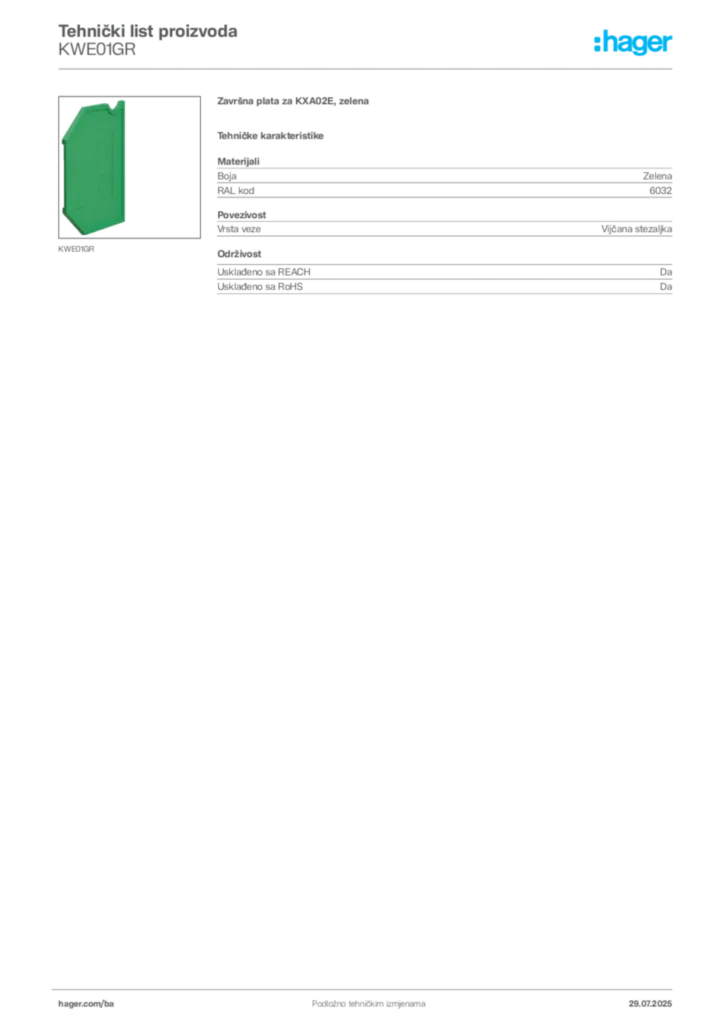 Slika Hager Product data sheet KWE01GR  | Hager