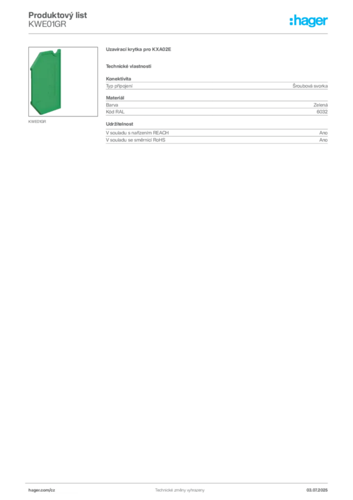 Obrázek Hager Produktový list KWE01GR | Hager