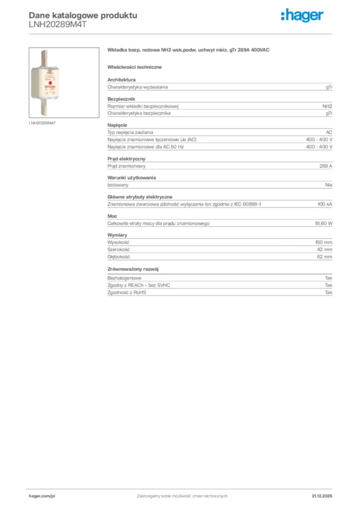 Zdjęcie Hager Dane katalogowe produktu LNH20289M4T | Hager Polska