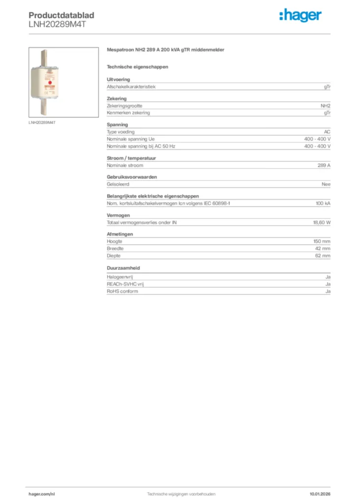 Afbeelding Hager Productdatablad LNH20289M4T | Hager Nederland