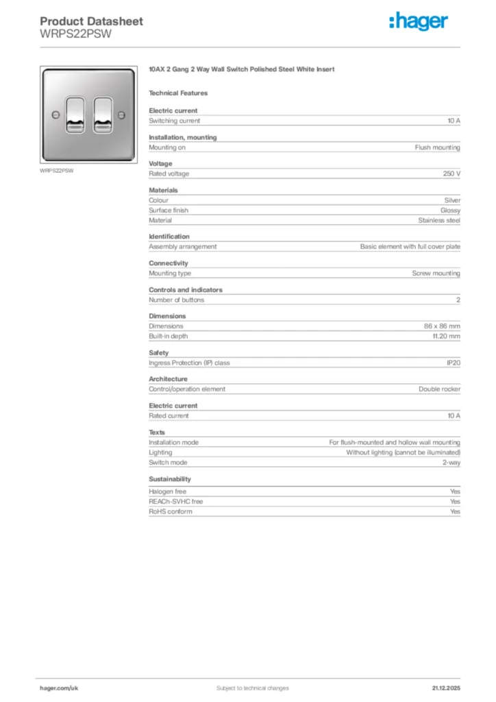 Image Hager Product data sheet WRPS22PSW  | Hager