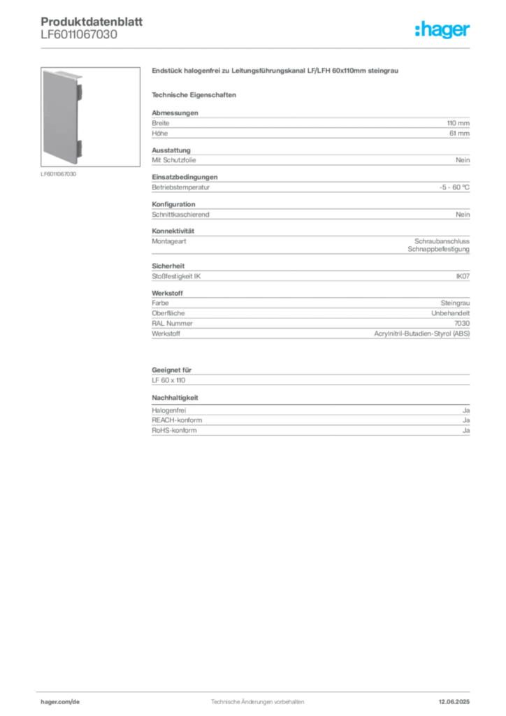 Bild Hager Produktdatenblatt LF6011067030 | Hager Deutschland